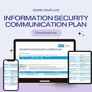 Op de afbeelding: Een blauw en wit computerscherm met een sjabloon voor een informatiebeveiligingscommunicatieplan. De sjabloon bevat een tabel met kopteksten voor versie, goedgekeurd door, eigenaar, datum van de laatste update, frequentie, beoordeling en opmerkingen. De sjabloon bevat ook een sectie voor doelstellingen, belangrijke resultaten, datum, inhoud en een kort overzicht. De tekst "Download nu" wordt weergegeven in een blauwe knop bovenaan het scherm.