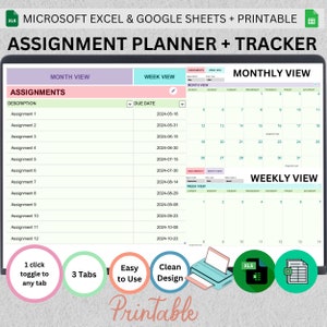 Student Assignment Planner + Assignment Tracker Weekly & Monthly Calendar Planner Homework Planner excel spreadsheet printable college excel