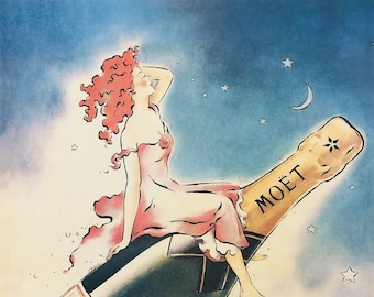 Vince Mcindoe, década de 1980 - Moët & Chandon Champagne - Cartel publicitario vintage