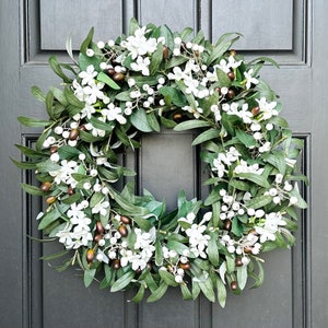 Spring Olive Branch Wreath with White Berry and Freesia Clusters, Modern Farmhouse Wreath for Front Door, All Season Wreath, Neutral Decor