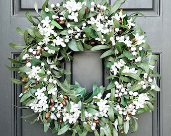 Spring Olive Branch Wreath with White Berry and Freesia Clusters, Modern Farmhouse Wreath for Front Door, All Season Wreath, Neutral Decor