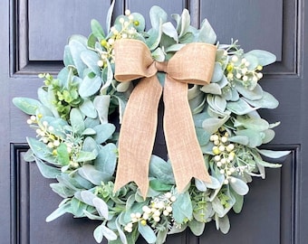 Year Round Lamb’s Ear Wreath with White Berries and Beige Linen Bow, Year Round Greenery Wreath, Farmhouse Wreath for Front Door