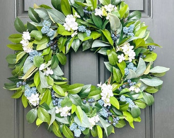 Eucalyptus and Myrtle Wreath w/Hydrangeas, Blue Flowers and Blueberries, Blue and White Spring/Summer Wreath for Front Door, Neutral Decor