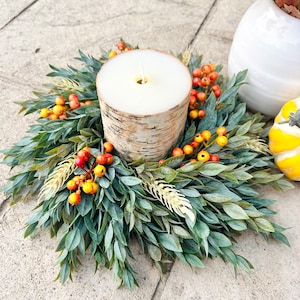 Fall Mini Wreath, Ruscus Orange Berry and Wheat Wreath, Candle Wreath, Autumn Table Decor, Kitchen Wreath, Small Door Wreath, Hostess Gift