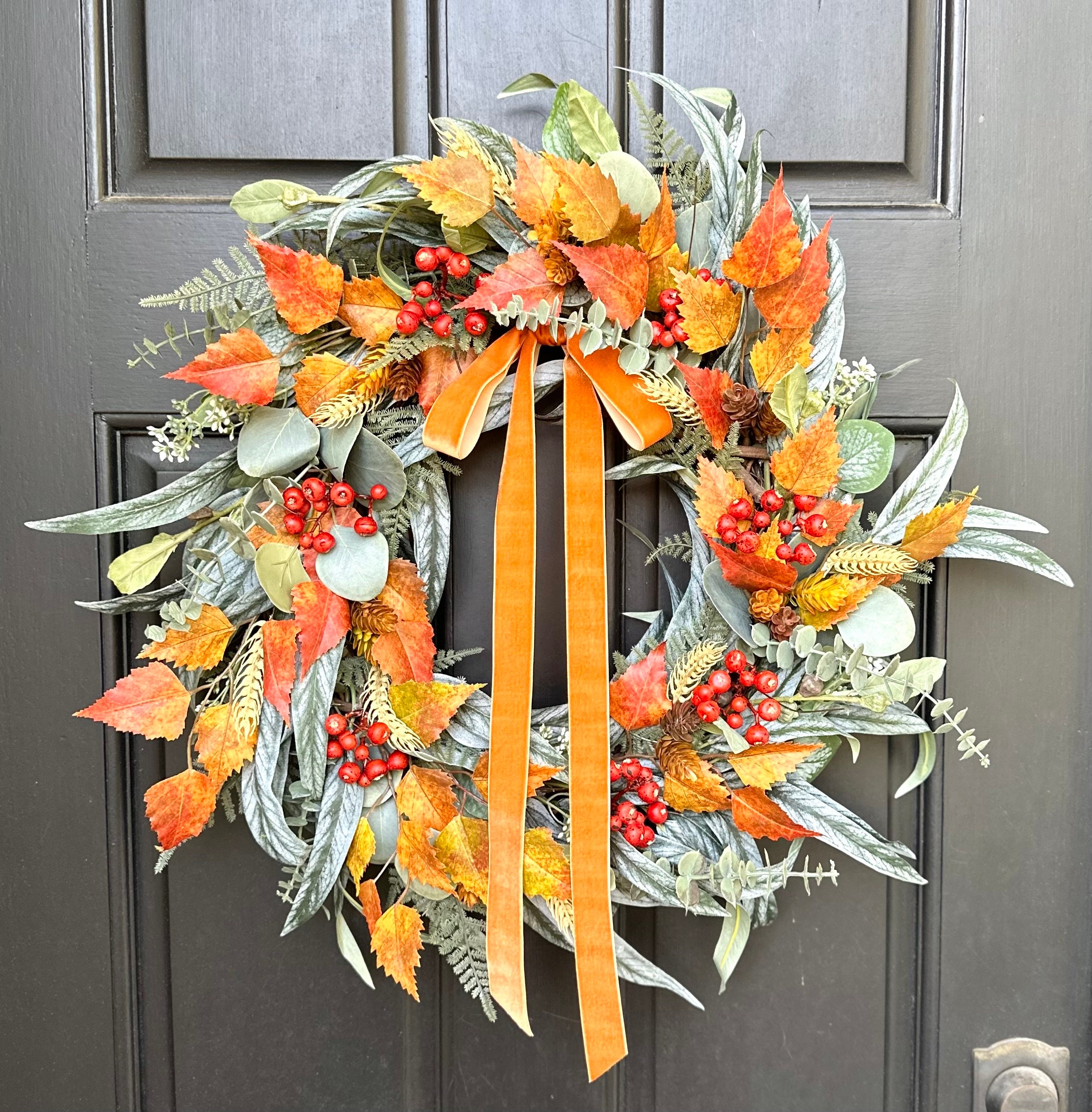 Eucalyptus Wreath with Fall Foliage and Orange Berries, Autumn Decor, Farmhouse Wreath for Front Door, Thanksgiving Wreath
