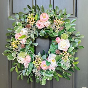 Summer Pink and White Floral Wreath, Peony and Rose Wreath for Front Door,  Mother’s Day Gift, Modern Farmhouse Decor, Entryway Decor,