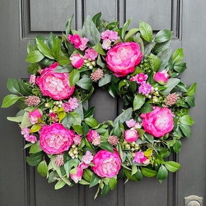 Real Touch Spring/Summer Peony and Cherry Blossom Wreath, Bright Pink and White Front Door Wreath, Mother’s Day Gift, Modern Farmhouse Decor