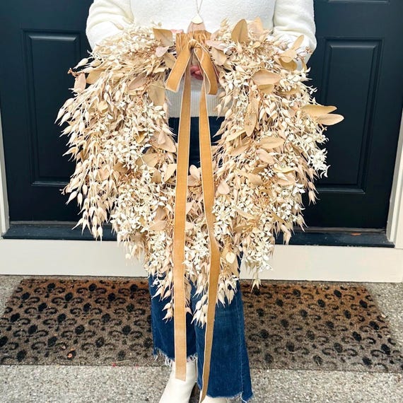 Cream & Tan Fall Foliage Teardrop Wreath, Neutral Decor, Autumn Eucalyptus and Oat Wreath w/Velvet Ribbon, Front Door Wreath, Handmade Gift