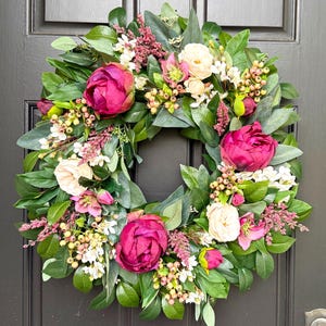 Summer Peony and Rose Wreath, Burgundy and Cream Front Door Wreath, Handmade Gift, Modern Farmhouse Decor, Entryway Decor, Floral Wreath