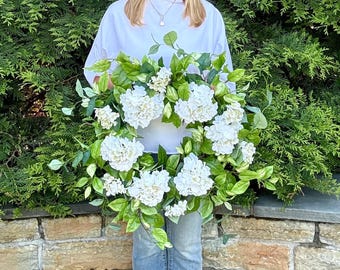 Summer Hydrangea Wreath for Front Door, Cream Floral Wreath, Handmade Gift, Coastal Home Decor, Cottage Home Decor, Entryway Decor