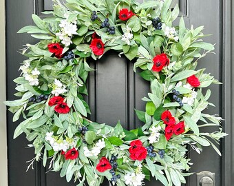 Patriotic Wreath for Front Door, Summer Americana Wreath, 4th of July Wreath, Red White and Blue Floral Wreath, Memorial Day Wreath