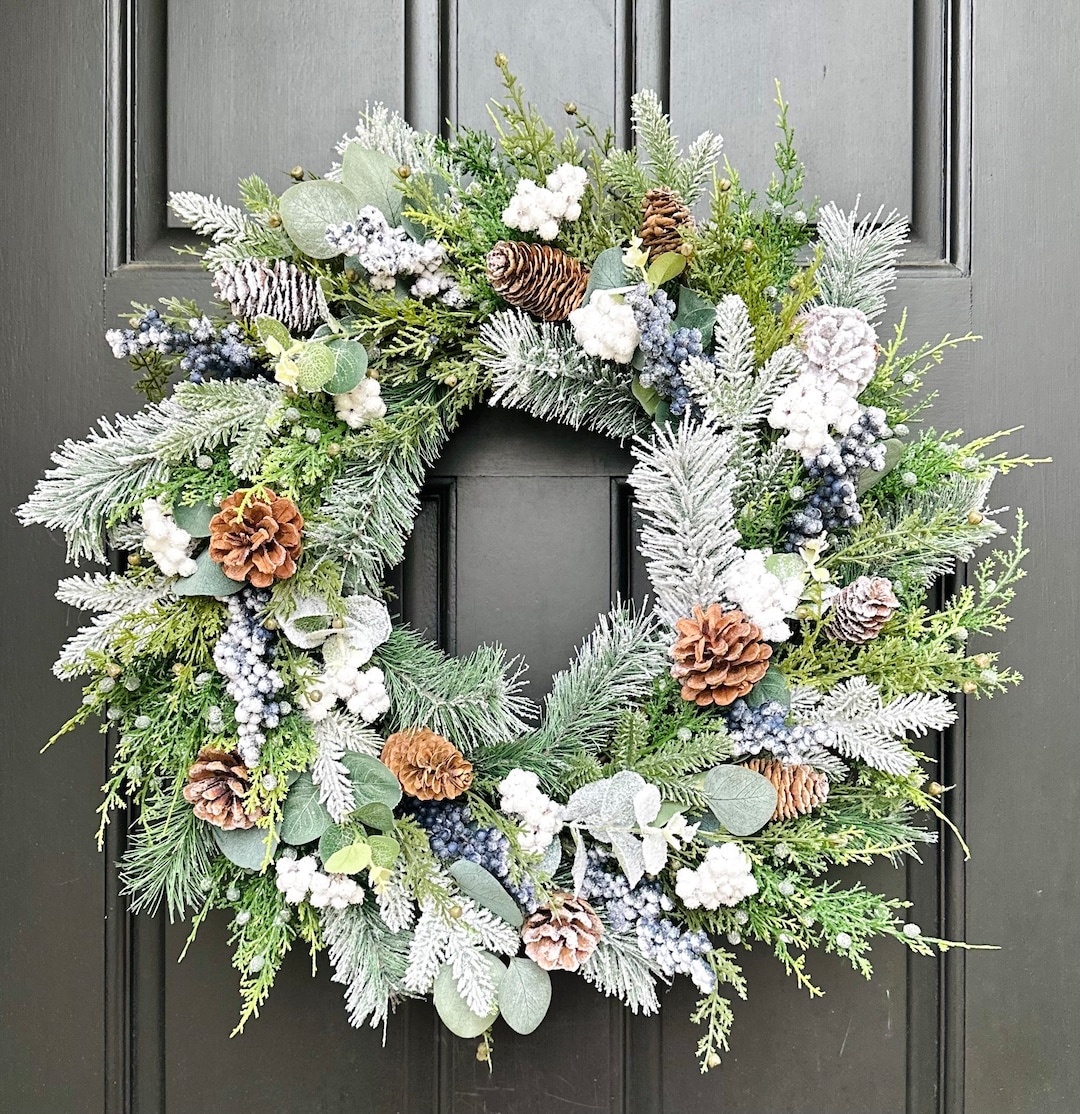 Winter Evergreen Wreath W/ Blue and White Berries, Pine Eucalyptus