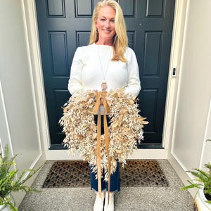 Cream & Tan Fall Foliage Teardrop Wreath, Neutral Decor, Autumn Eucalyptus and Oat Wreath w/Velvet Ribbon, Front Door Wreath, Handmade Gift image 2