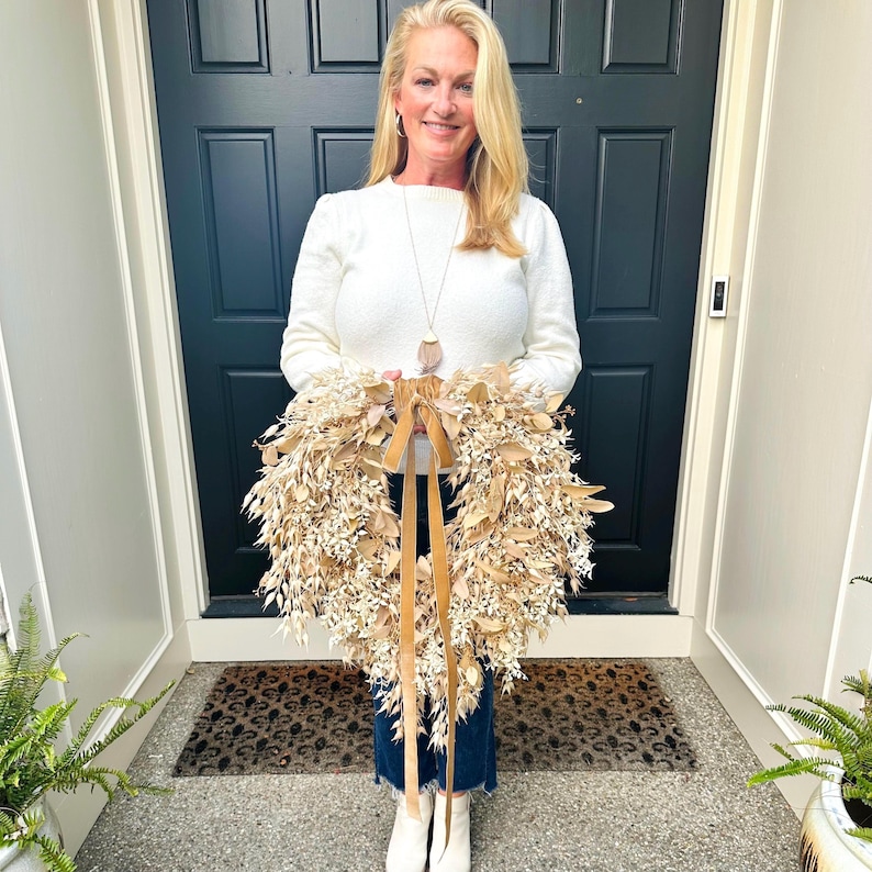 Cream & Tan Fall Foliage Teardrop Wreath, Neutral Decor, Autumn Eucalyptus and Oat Wreath w/Velvet Ribbon, Front Door Wreath, Handmade Gift image 2
