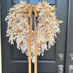 Cream & Tan Fall Foliage Teardrop Wreath, Neutral Decor, Autumn Eucalyptus and Oat Wreath w/Velvet Ribbon, Front Door Wreath, Handmade Gift image 6