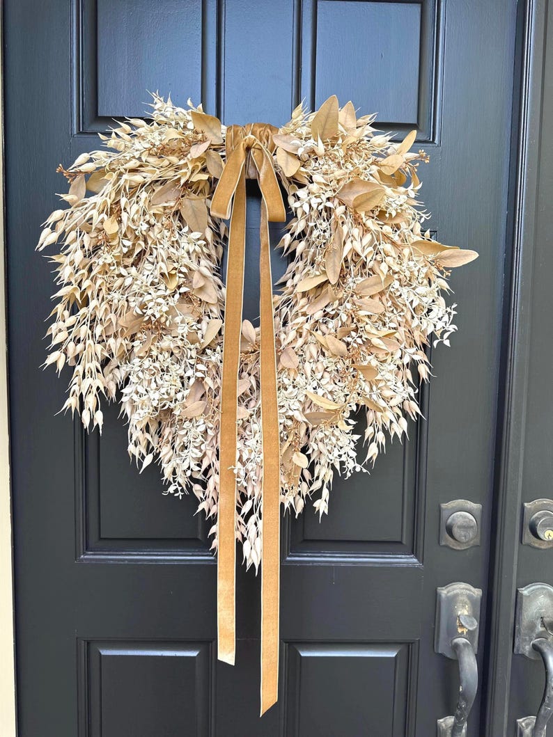Cream & Tan Fall Foliage Teardrop Wreath, Neutral Decor, Autumn Eucalyptus and Oat Wreath w/Velvet Ribbon, Front Door Wreath, Handmade Gift image 6
