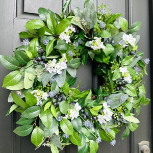 Eucalyptus and Laurel Wreath w/Hydrangeas and Blueberries, Navy and White Spring/Summer Wreath for Front Door, Neutral Decor