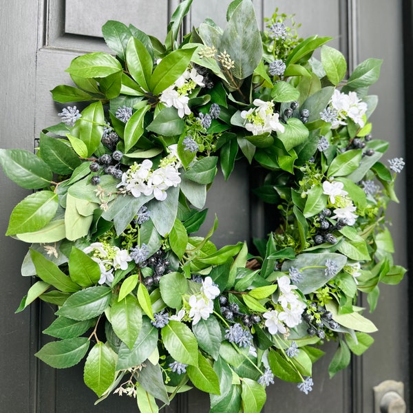 Eucalyptus and Laurel Wreath w/Hydrangeas and Blueberries, Navy and White Spring/Summer Wreath for Front Door, Neutral Decor