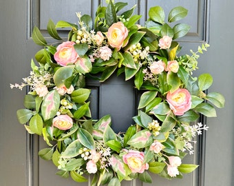 Cottage Style Pink Floral Wreath, Spring Summer Wreath for Front Door, Camellia and Hops Wreath, Housewarming Gift, Mother’s Day Gift