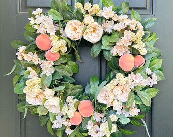 Summer Peach and Floral Front Door Wreath, Faux Peach and Rose Wreath, Modern Farmhouse Decor, Mother’s Day Gift, Entryway Decor