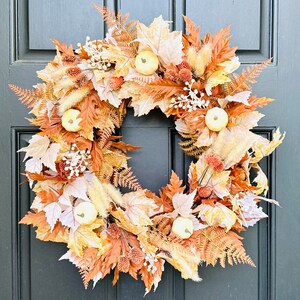 Fall Foliage and Cream Pumpkin Wreath, Rust and Beige Front Door Wreath, Neutral Autumn Decor, Thanksgiving Wreath, Modern Farmhouse Decor