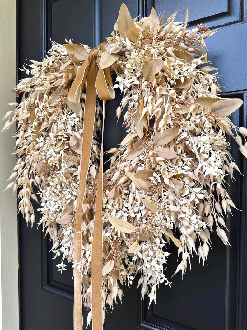 Cream & Tan Fall Foliage Teardrop Wreath, Neutral Decor, Autumn Eucalyptus and Oat Wreath w/Velvet Ribbon, Front Door Wreath, Handmade Gift image 7