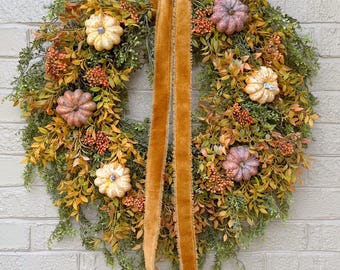 Fall Cascading Wreath with Pumpkins, Foliage and Berries, Autumn Teardrop Wreath, Thanksgiving Decor, Front Door Wreath, Handmade Gift