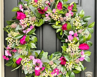 Tulip and Cherry Blossom Spring Wreath, Bright Pink Floral Wreath for Front Door, Mother’s Day Gift, Easter Wreath, Modern Farmhouse Decor