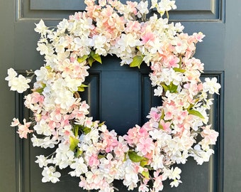 Cherry Blossom Wreath, Pink and White Spring Floral Front Door Wreath, Mother’s Day Gift, Entryway Wall Decor, Modern Farmhouse Decor