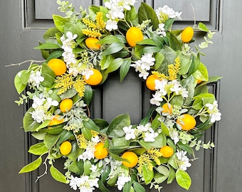 Spring Summer Lemon Wreath with White Hydrangeas and Eucalyptus, Handmade Gift, Cottage Wreath for Front Door, Kitchen Wreath