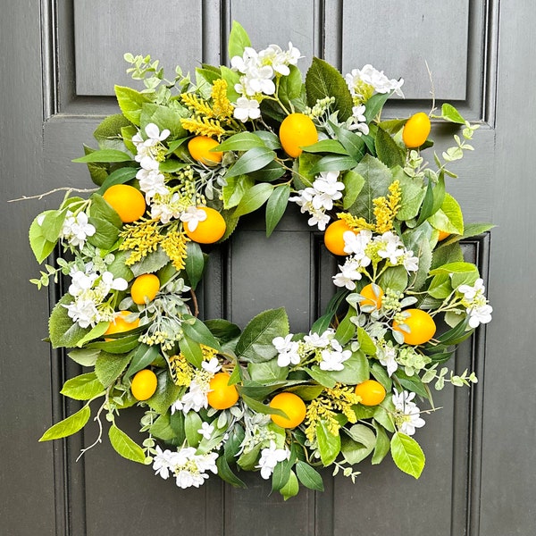 Spring Summer Lemon Wreath with White Hydrangeas and Eucalyptus, Handmade Gift, Cottage Wreath for Front Door, Kitchen Wreath