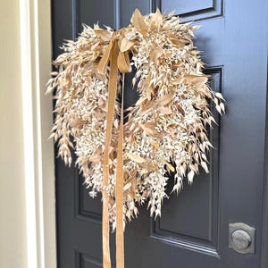 Cream & Tan Fall Foliage Teardrop Wreath, Neutral Decor, Autumn Eucalyptus and Oat Wreath w/Velvet Ribbon, Front Door Wreath, Handmade Gift image 5