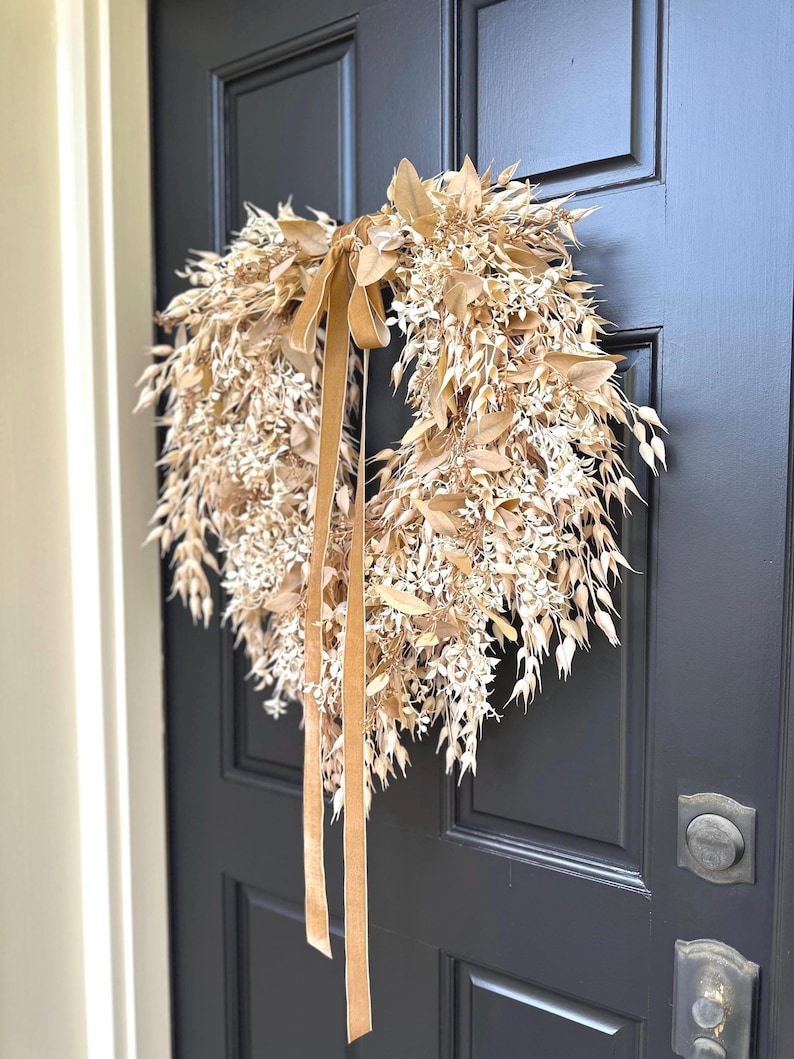 Cream & Tan Fall Foliage Teardrop Wreath, Neutral Decor, Autumn Eucalyptus and Oat Wreath w/Velvet Ribbon, Front Door Wreath, Handmade Gift image 5