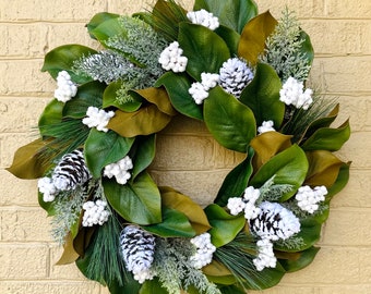 Winter Magnolia Wreath with White Berries Cedar and Pine, Farmhouse Wreath, Neutral Wreath for Front Door