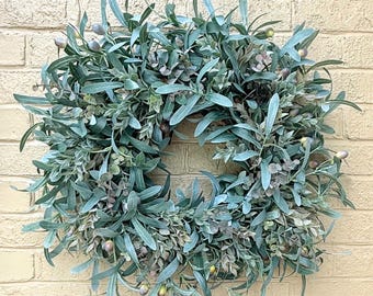 Olive and Eucalyptus Wreath, Year Round Greenery Wreath for Front Door, Modern Farmhouse Wreath, All Season Entryway Decor, Handmade Gift