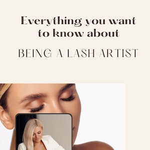 Peut inclure: Une femme aux longs cheveux blonds est assise sur une chaise et regarde une tablette. Le texte sur l'image indique "Tout ce que vous voulez savoir sur le métier de technicienne en cils". Le texte comprend également "Tallinn Lash Studio Owner and Lash Trainer Angeelka Lipp".