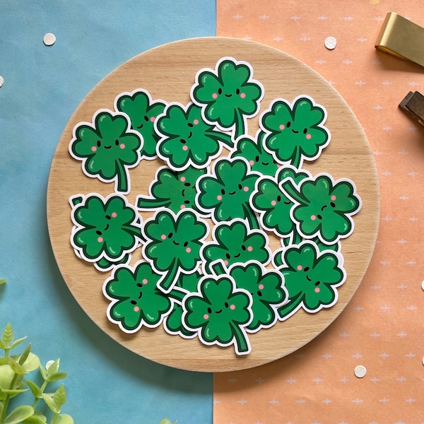 Kawaii Four Leaf Clover Stickers, Pack of 20 | St Patrick’s Day Party Giveaways | Green Clover Sticker Gifts for Kids | Cute 4 Leaf Clover