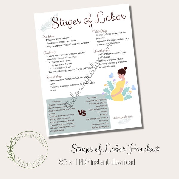 Stages of Labor Handout | PDF instant download | True vs. False Labor chart | Great for doula clients | Expectant mothers