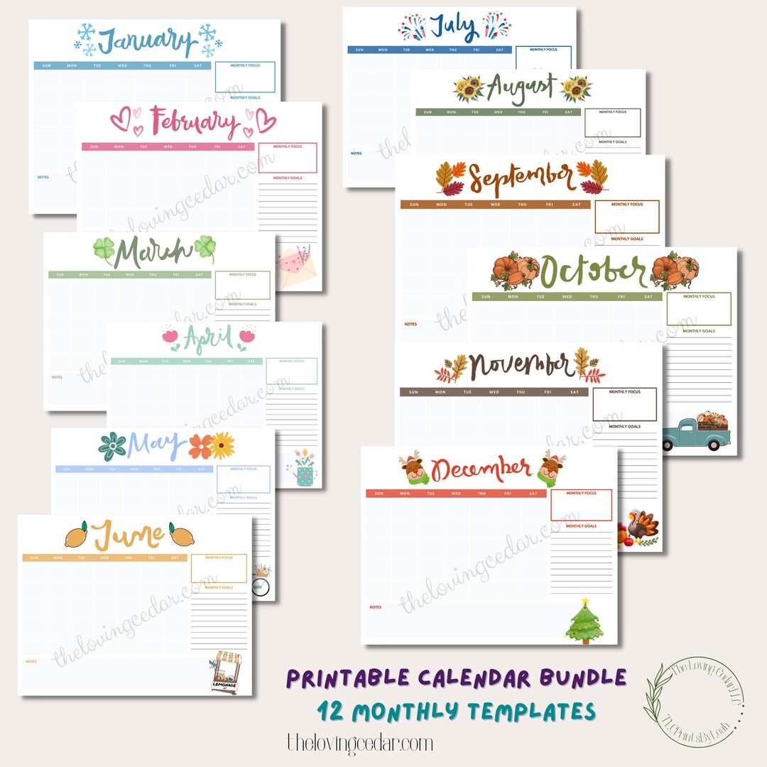 Fun PRINTABLE PDF Monthly Calendar Templates | Any Year | 12 X 12 and ...