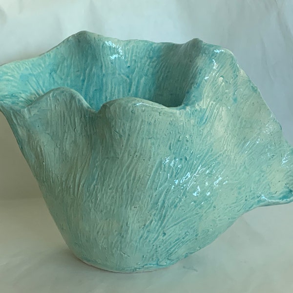 Handmade textured ceramic vessel | turquoise, seafoam, teal glazed | use as pitcher, vase | organic shape like shell, plant, sea creature