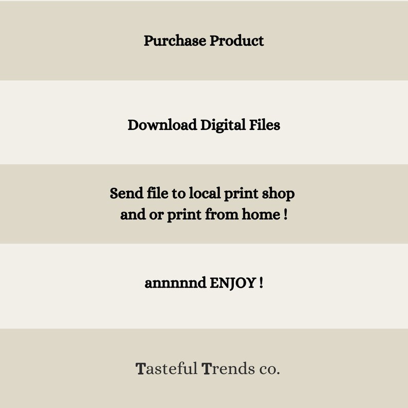May include: A graphic with instructions on how to purchase, download, print, and enjoy a digital product. The text reads: "Purchase Product", "Download Digital Files", "Send file to local print shop and or print from home!", "annnnnd ENJOY!", and "Tasteful Trends co."