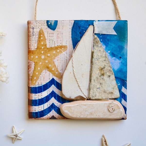 Handmade sea pottery sailboat wall decor- decorated with wave starfish pattern