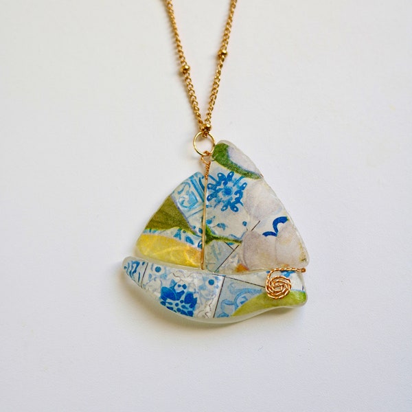 Sea glass Mediterranean tile and lemons pattern decoupage sailboat necklace for sea lovers ocean lovers and sailors