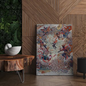 May include: A colorful illustration of a group of superheroes in a dynamic pose, set against a background of swirling clouds and smoke. The artwork features a variety of characters, including a spider-like figure, a figure with a red cape, and a figure with a green suit. The illustration is framed and displayed on a wall.