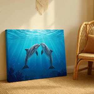 Underwater Dolphins Canvas Print, Ocean Animal Wall Art, Marine Life Poster, Peaceful Sea Decor, Ocean Lover Gift
