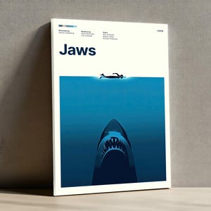 Lámina de Tiburón, póster de película clásica, decoración minimalista de terror oceánico, arte de pared de Steven Spielberg, regalo icónico de película de los años 70, silueta de tiburón