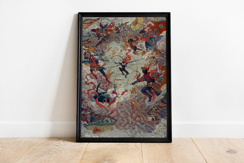 May include: A framed print of a colorful, stylized illustration depicting a group of superheroes in a battle scene. The superheroes are in various poses, with some flying and others fighting. The background is a swirling mix of clouds and smoke.