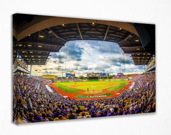 May include: A wide-angle view of a packed baseball stadium with a green field and a cloudy sky. The stands are full of fans wearing purple and gold clothing. The words "BASEBALL" are printed on the field.