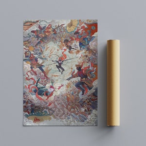 May include: A colorful illustration of a group of people in a dynamic pose, with red, blue, and green accents. The illustration is set against a background of clouds and sky.