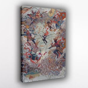 May include: A colorful painting depicting a group of figures in a circular formation, with a central figure in black and red clothing. The figures are surrounded by clouds and other abstract elements, creating a dynamic and visually striking composition.